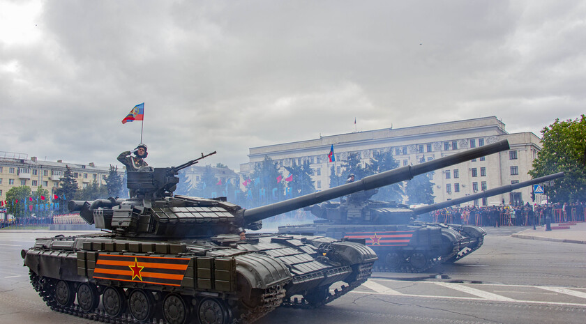 Victory Day Parade marches in central Lugansk to commemorate defeat of Nazism, Lugansk, May 9, 2021
