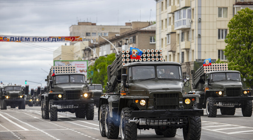 Victory Day Parade marches in central Lugansk to commemorate defeat of Nazism, Lugansk, May 9, 2021