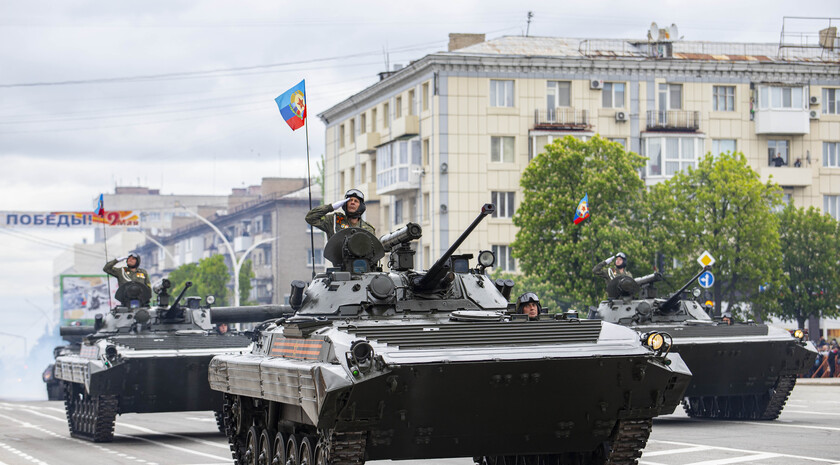 Victory Day Parade marches in central Lugansk to commemorate defeat of Nazism, Lugansk, May 9, 2021
