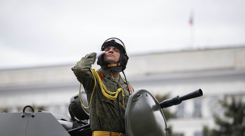 Victory Day Parade marches in central Lugansk to commemorate defeat of Nazism, Lugansk, May 9, 2021