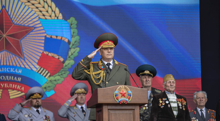 Victory Day Parade marches in central Lugansk to commemorate defeat of Nazism, Lugansk, May 9, 2021