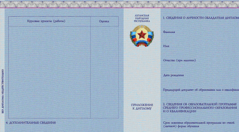 Форма приложения к диплому о среднем профессиональном образовании