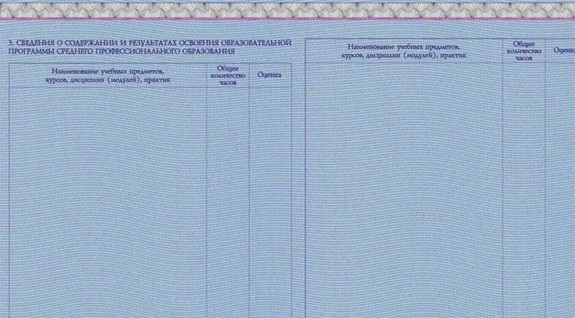 Форма приложения к диплому о среднем профессиональном образовании